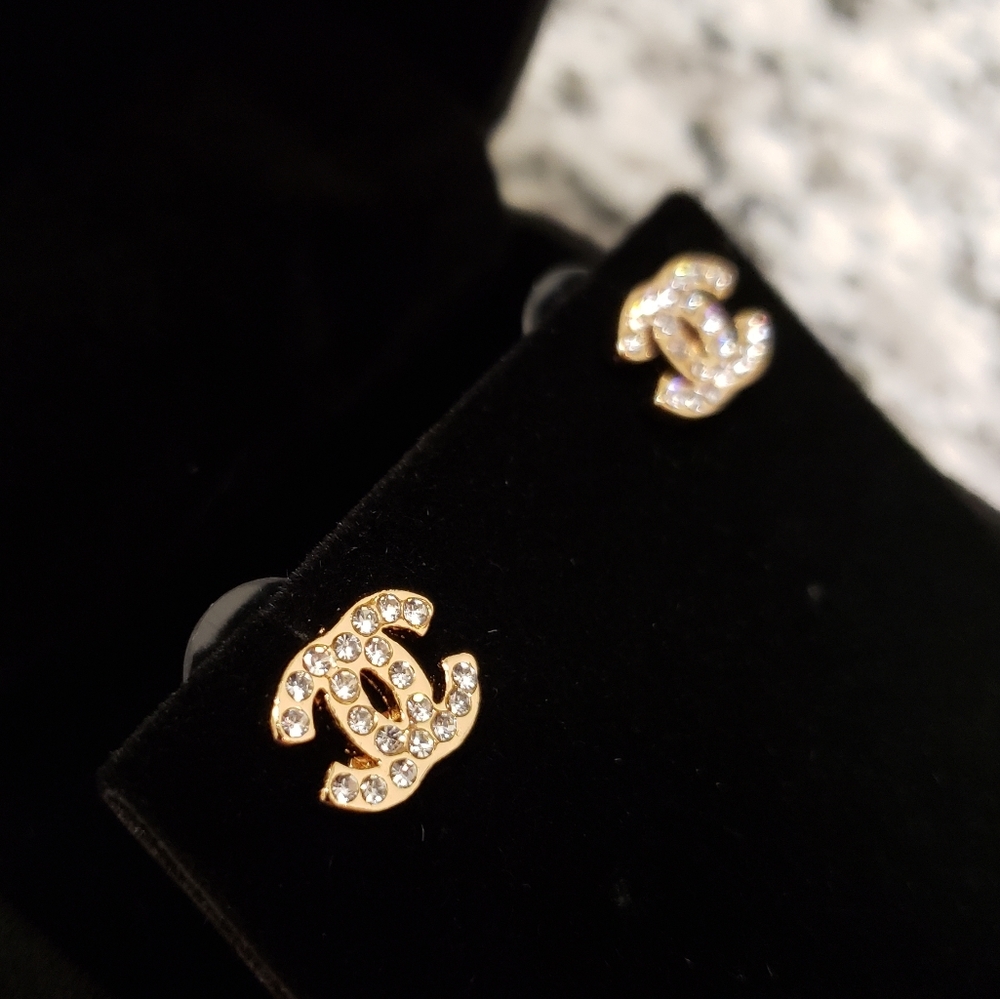 Vintage Coco Chanel mini old gold crystal earrings